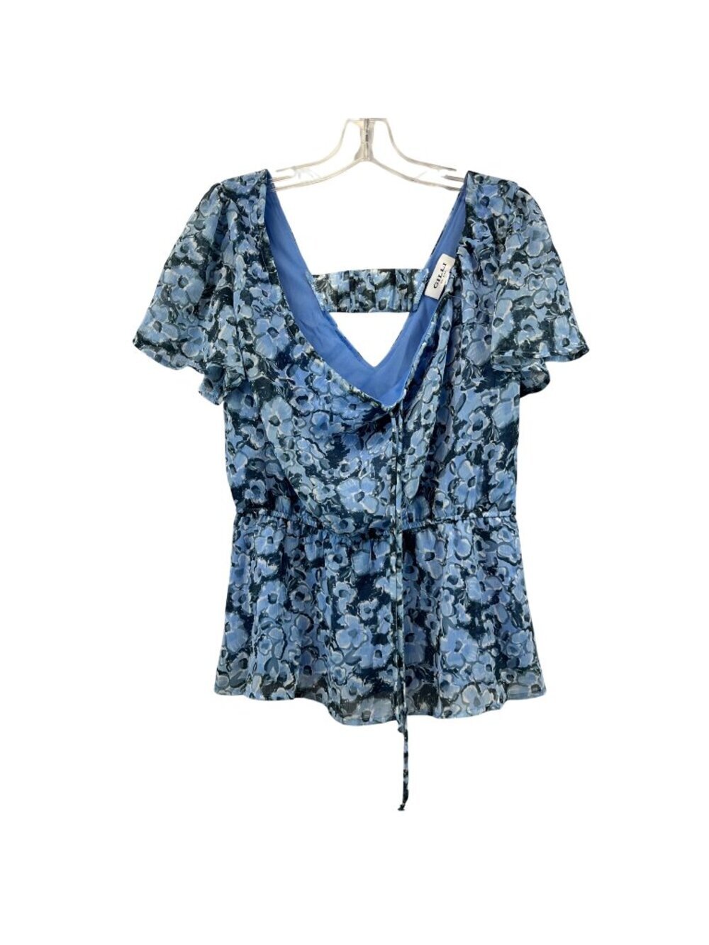Gilli Womens Floral Top Off Shoulder Short Sleeve Cut Out Back Blue Size Medium